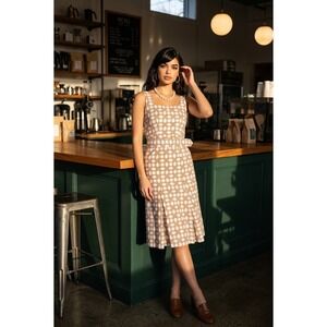 Ann Taylor Petite Geometric Lattice Print Cotton Linen Belted Midi Dress 00P XXS